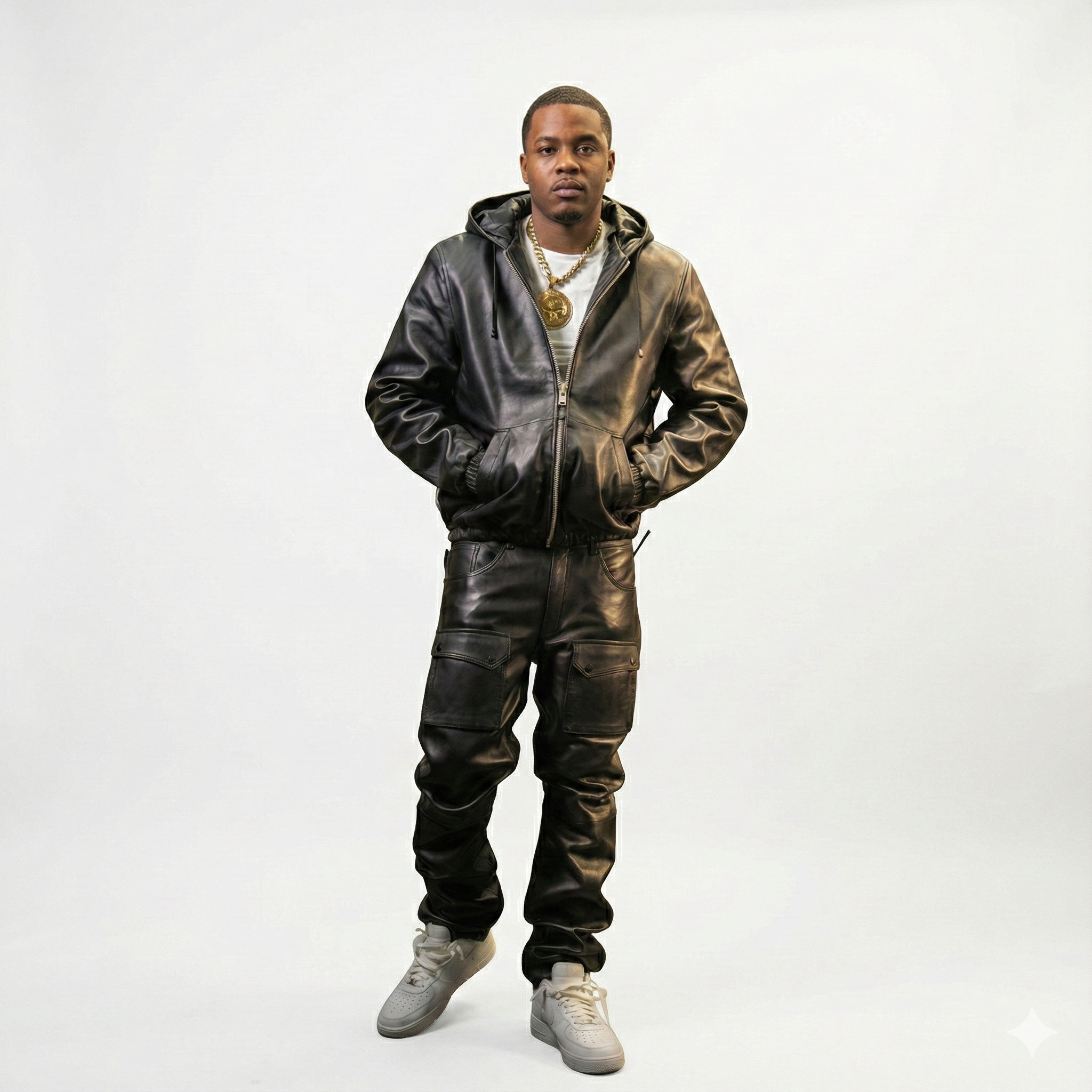 Men’s Black Leather Hooded Jacket & Cargo Pants Set